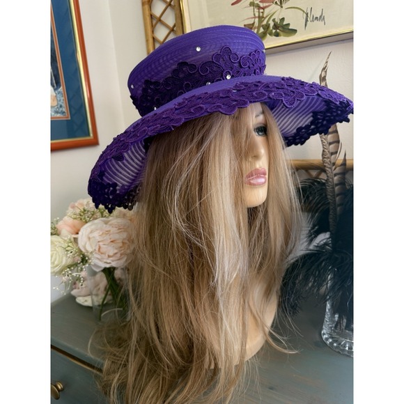 Mr Hi\'s Classic Purple Wide Brim Lace Hat Ribbon Net Rhinestones Vintage 1970s main image 6